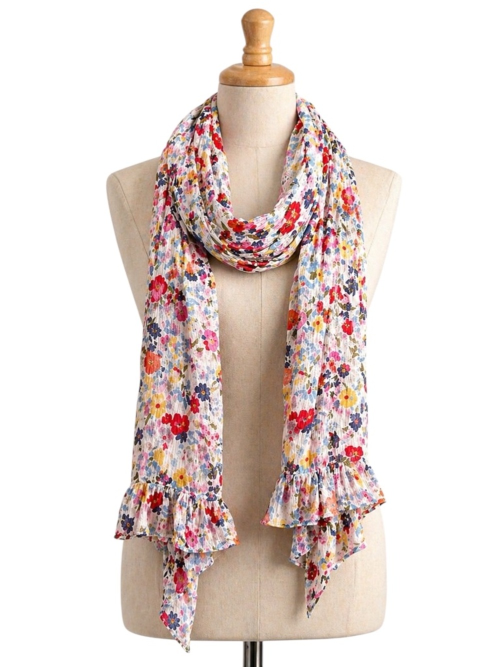 Floral Chiffon Ruffled Hem Rectangle Scarf Multicolor Lightweight 20x68 Sheer